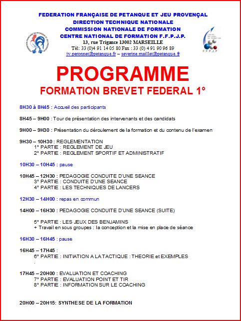 PROGRAMME FORMATION BREVET FEDERAL 1° PROGRAMME FORMATION BREVET FEDERAL 1°