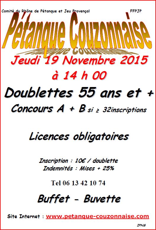 Concours Doublettes 55 ans et + à Couzon le jeudi 19 novembre 2015