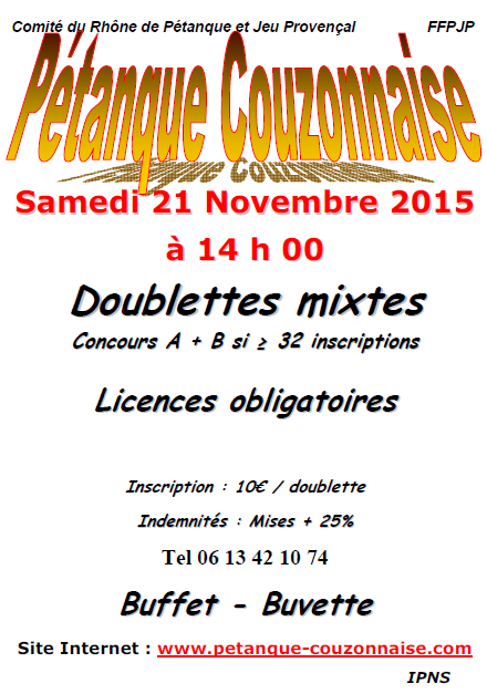 Concours en Doublettes mixtes à Couzon le samedi 21 novembre 2015