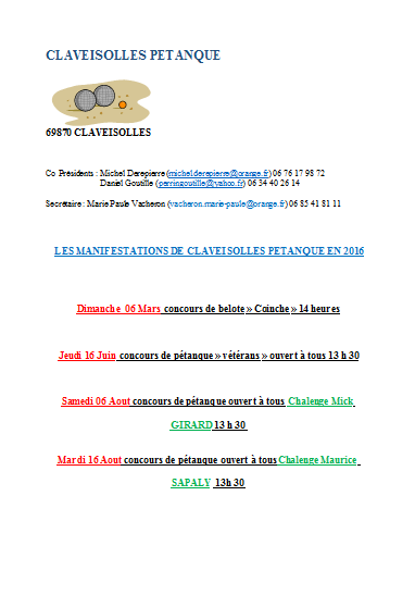 Concours  CLAVEISOLLES PETANQUE EN 2016