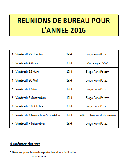 Calendrier des réunions de Bureau 2016 et assemblée générale 2016