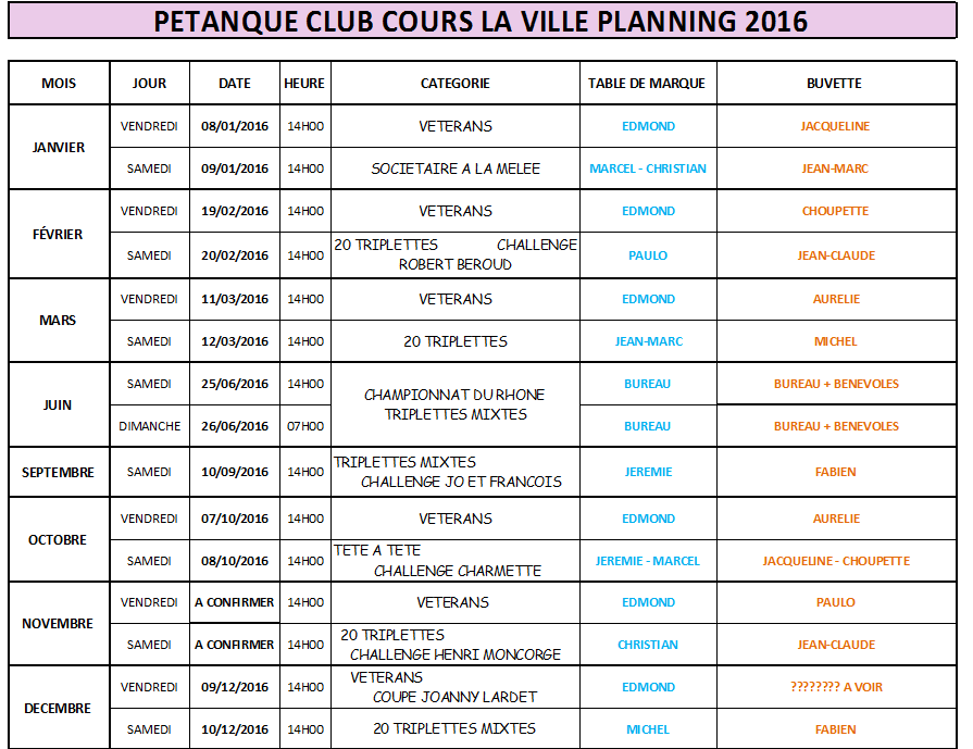 Planning organisation concours 2016