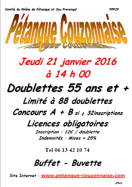 Concours doublettes 55 ans et + à Couzon le jeudi 21 janvier 2016 Concours doublettes 55 ans et + à Couzon le jeudi 21 janvier 2016