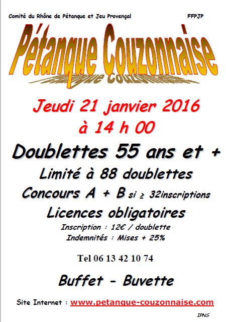 Concours doublettes 55 ans et + à Couzon le jeudi 21 janvier 2016