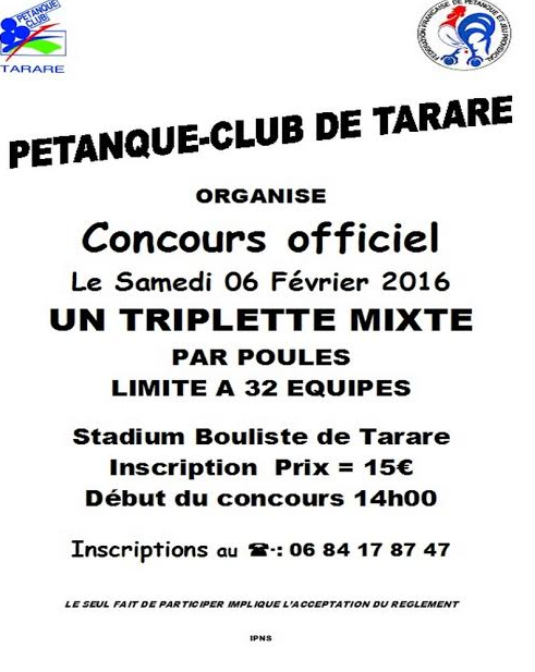 Concours triplettes mixtes samedi 6 fevrier 2016 à Tarare