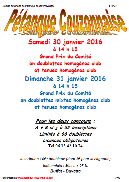 Concours GPCom et GPMixt  le week-end des 30 et 31 janvier 2016 à Couzon