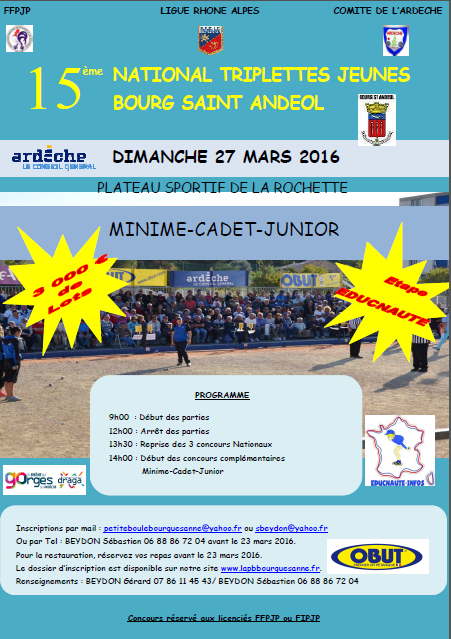 NATIONAL JEUNES BOURG ST ANDEOL dimanche 27 mars 2016 NATIONAL JEUNES BOURG ST ANDEOL dimanche 27 mars 2016