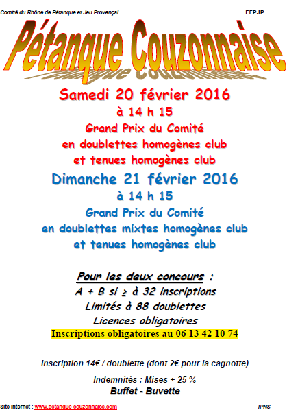 Concours samedi 20 février GPCOM et dimanche 21 février GPMIX 2016 à Couzon