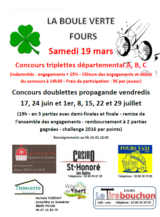 Concours triplettes à Fours(58) le samedi 19 mars 2016 Concours triplettes à Fours(58) le samedi 19 mars 2016