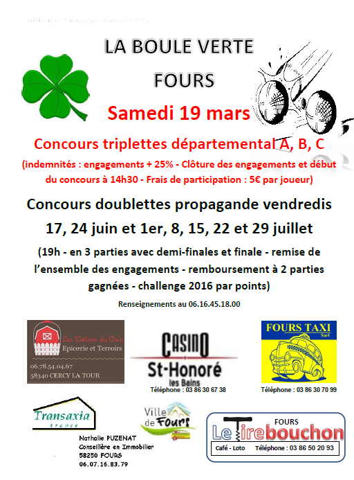 Concours triplettes à Fours(58) le samedi 19 mars 2016