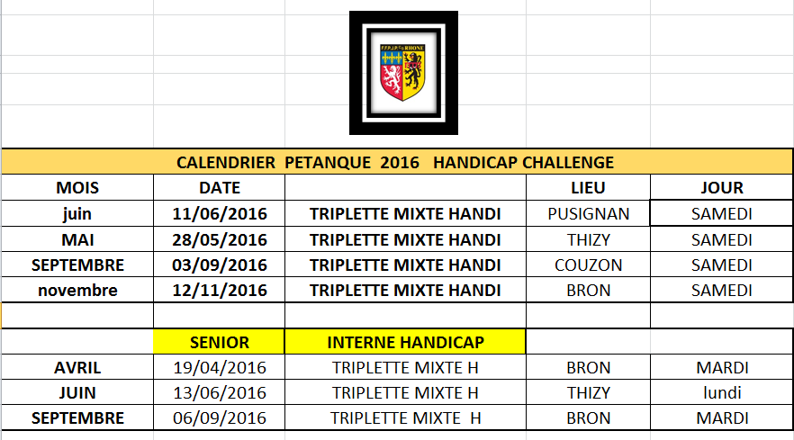 Calendrier handicap 2016 Calendrier handicap 2016