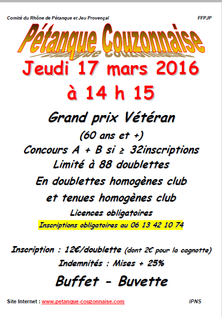 Concours GPV le jeudi 17 mars 2016 à Couzon Concours GPV le jeudi 17 mars 2016 à Couzon