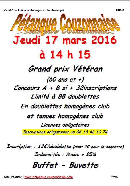 Concours GPV  le jeudi 17 mars 2016 à Couzon