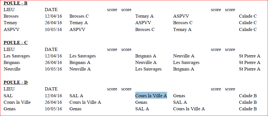 CHAMPIONNAT DES CLUBS VÉTÉRANS TIRAGE 2ème DIVISION Cours la ville A CHAMPIONNAT DES CLUBS VÉTÉRANS TIRAGE 2ème DIVISION Cours la ville A