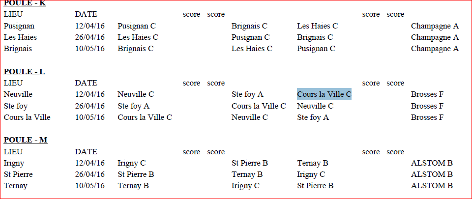 CHAMPIONNAT DES CLUBS VÉTÉRANS TIRAGE 3ème DIVISION Cours la ville C