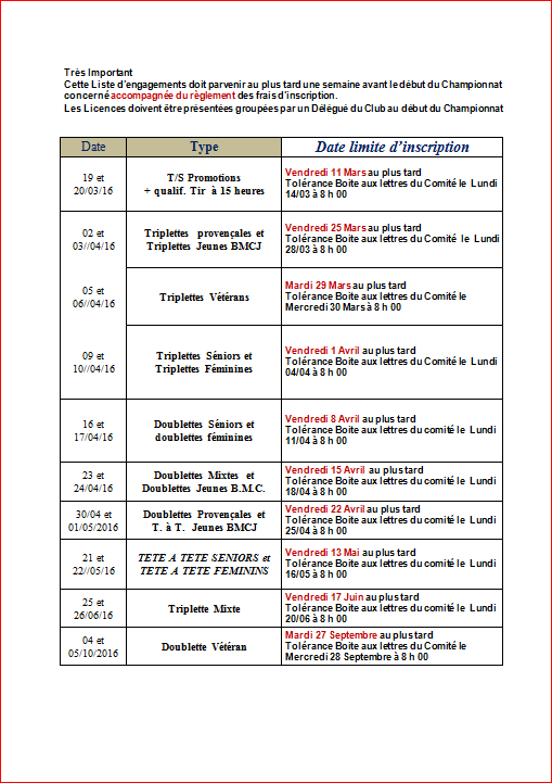 Attention dates butoirs Championnats du Rhône 2016 Attention dates butoirs Championnats du Rhône 2016