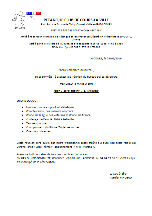 Réunion de bureau le VENDREDI 4 MARS A 20H00 CHEZ « ALEX TREME », AU CERGNE Réunion de bureau le VENDREDI 4 MARS A 20H00 CHEZ « ALEX TREME », AU CERGNE