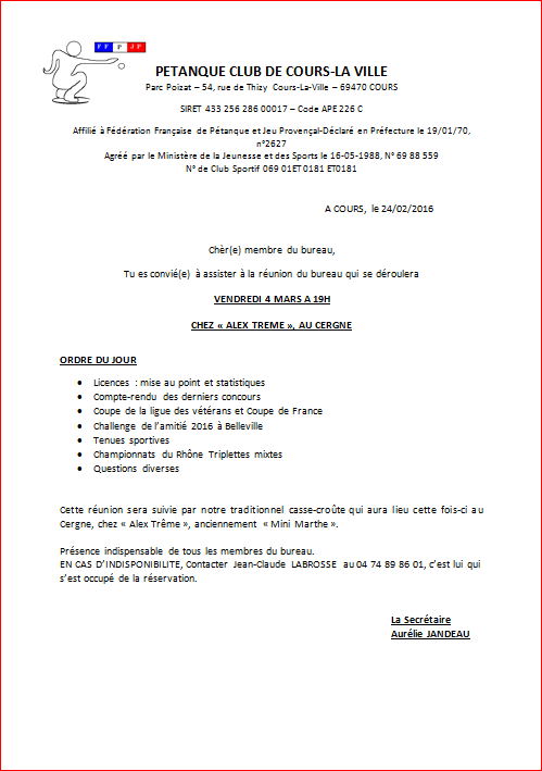Réunion de bureau le VENDREDI 4 MARS A 20H00 CHEZ « ALEX TREME », AU CERGNE
