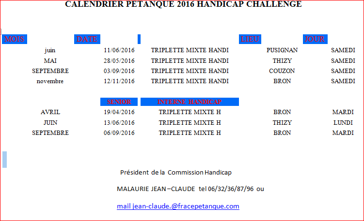 CALENDRIER PÉTANQUE 2016 HANDICAP CHALLENGE CALENDRIER PÉTANQUE 2016 HANDICAP CHALLENGE
