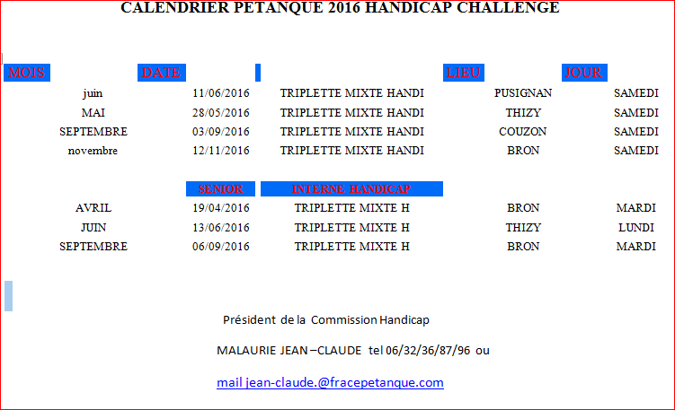 CALENDRIER PÉTANQUE 2016 HANDICAP CHALLENGE