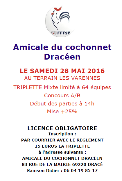Concours triplette mixte samedi 28 mai  2016 DRACE