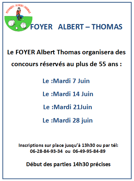 Calendrier concours vétérans du mois de juin 2016 du club ALBERT THOMAS Calendrier concours vétérans du mois de juin 2016 du club ALBERT THOMAS
