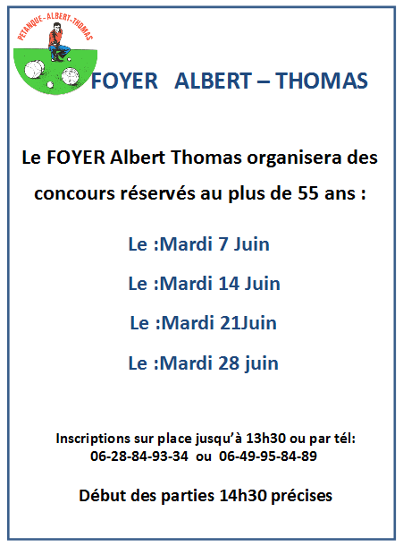 Calendrier concours vétérans du mois de juin 2016 du club ALBERT THOMAS