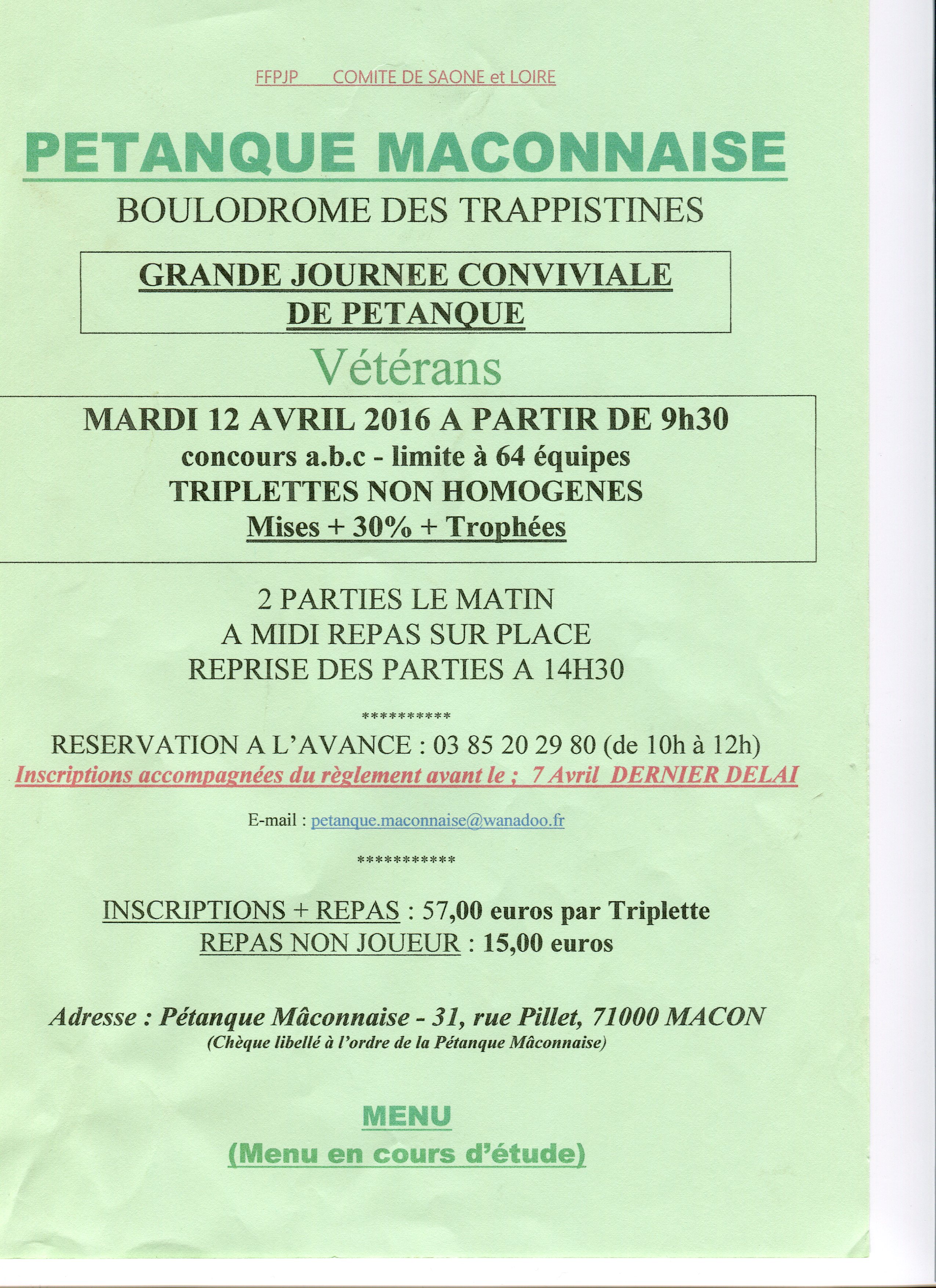 Concours vétérans du 12 avril 2016.TRIPLETTE à 9h30 à Macon