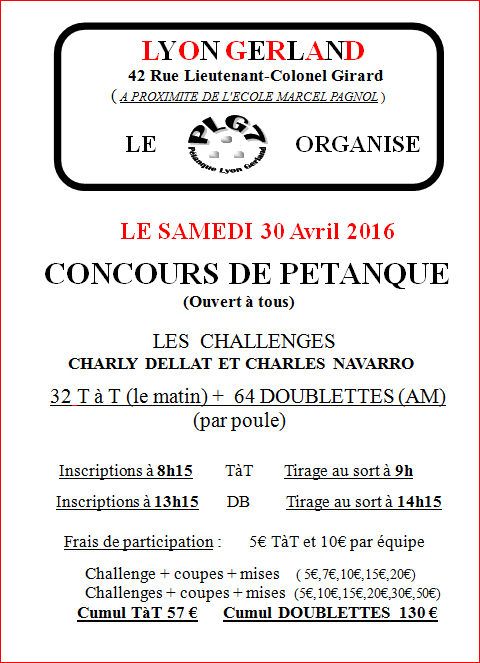 Concours du 30 Avril 2016 pour nos regrettés CHARLY.