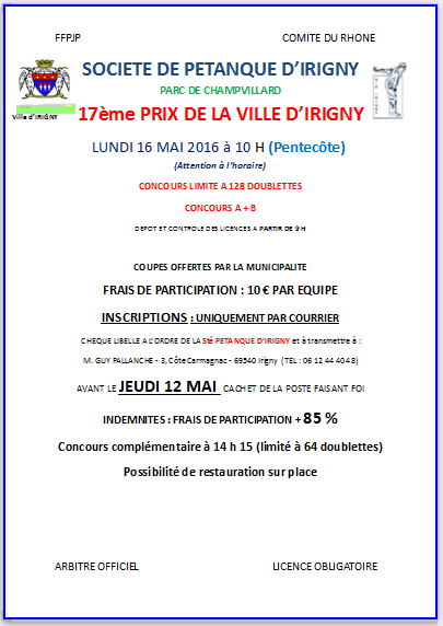 Concours Prix de la Ville d'IRIGNY le Lundi 16 mai 2016