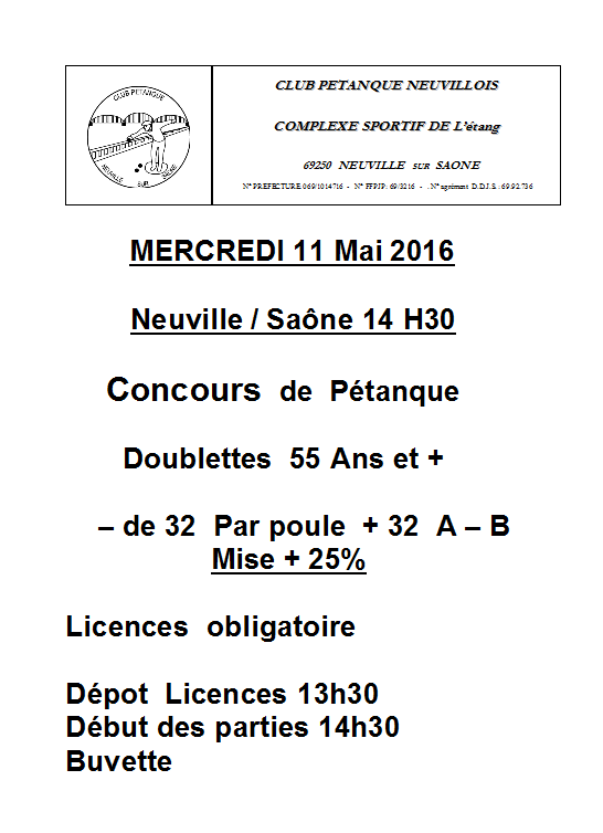 Concours de Pétanque MERCREDI 11 Mai 2016 Doublettes  55 Ans et + Neuville / Saône 14 H30