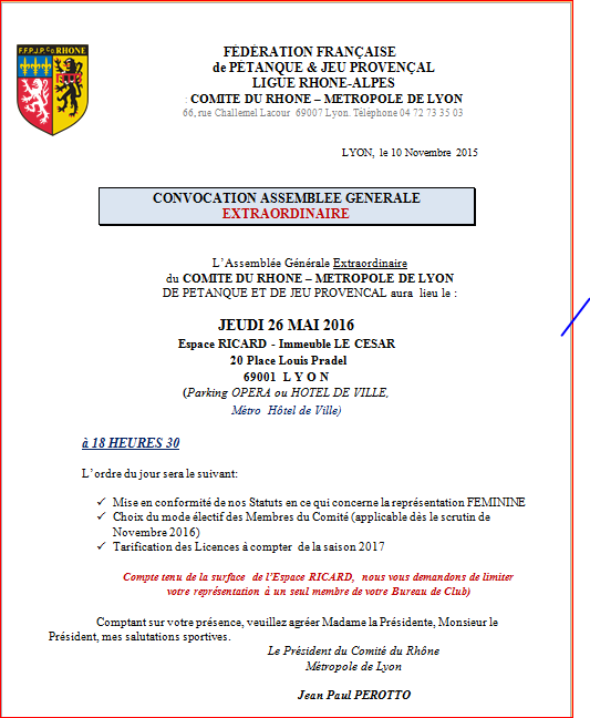 ASSEMBLEE GENERALE EXTRAORDINAIRE DU CD 69 - 26 MAI 2016 