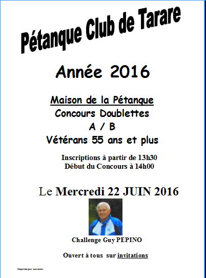 Concours pétanque doublette mercredi 22 Juin 2016