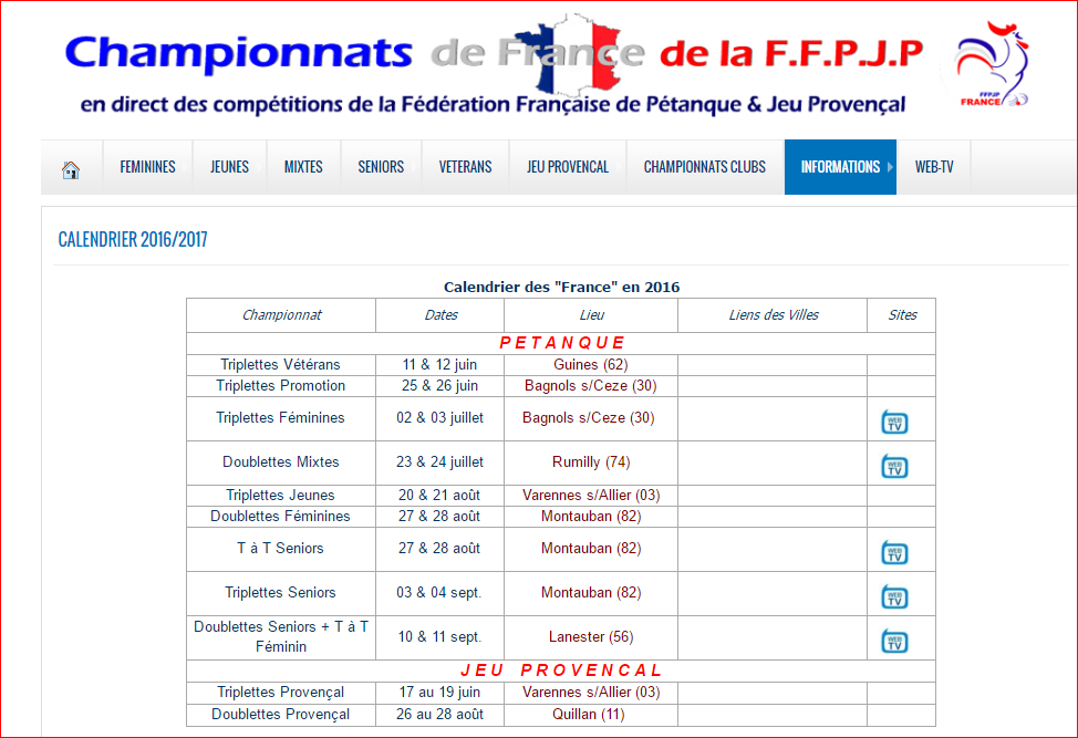 Calendrier des "France" en 2016