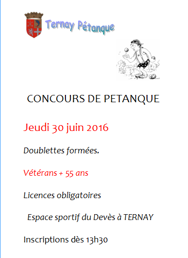 CONCOURS DE PETANQUE 55+ à ternay Jeudi 30 juin 2016