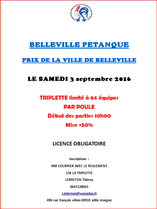 Grand prix de la ville de Belleville pétanque samedi 03 septembre 2016