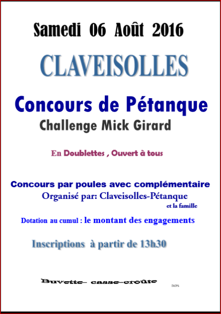 Concours Club de CLAVEISOLLES PETANQUE samedi 06 août 2016 Concours Club de CLAVEISOLLES PETANQUE samedi 06 août 2016
