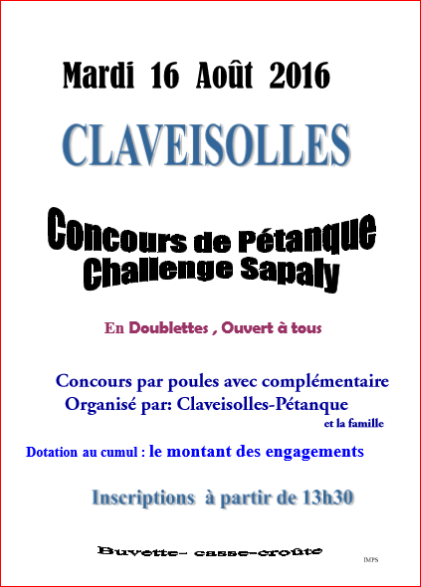 Concours  Club de CLAVEISOLLES PÉTANQUE  mardi 16 août 2016
