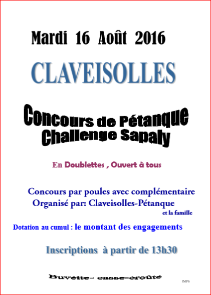 Concours Club de CLAVEISOLLES PÉTANQUE mardi 16 août 2016 Concours Club de CLAVEISOLLES PÉTANQUE mardi 16 août 2016