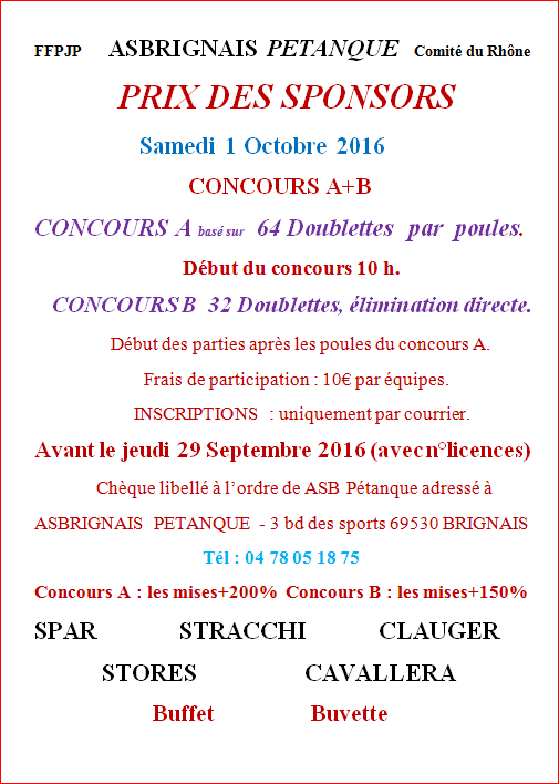 Concours	   PRIX DES SPONSORS Samedi 1 Octobre 2016