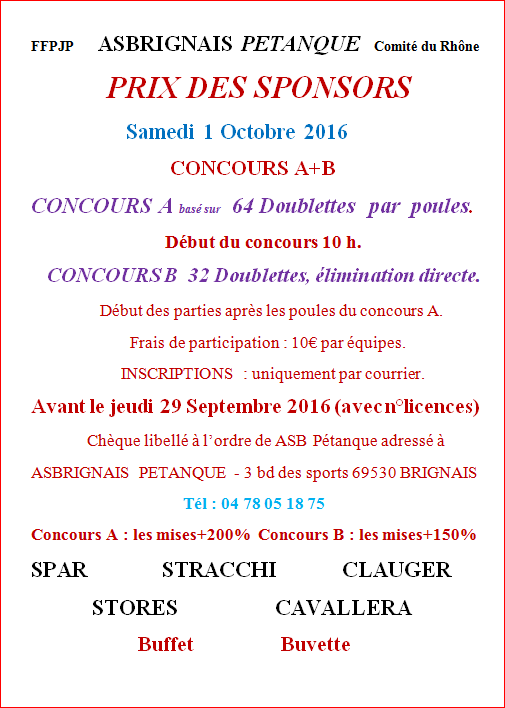 Concours PRIX DES SPONSORS Samedi 1 Octobre 2016 Concours PRIX DES SPONSORS Samedi 1 Octobre 2016