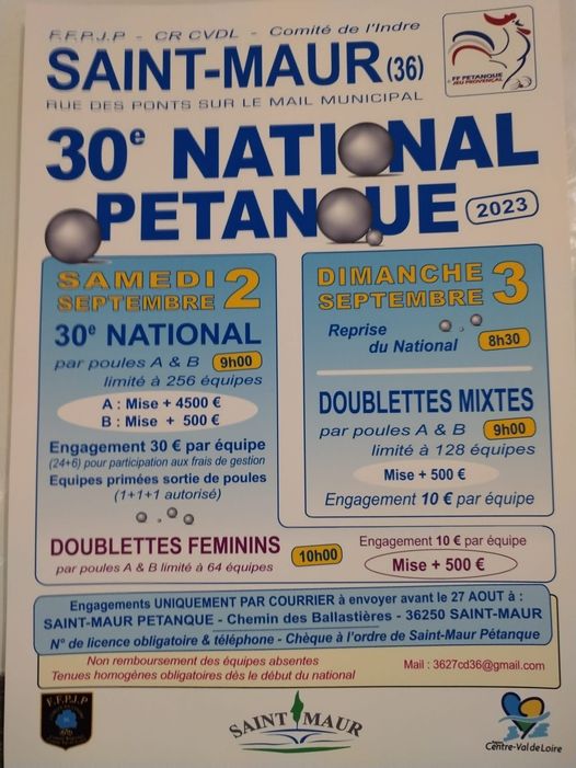 National de St Maur ( 36 ). Liste des inscrits (mise à jour le 23/08/23)