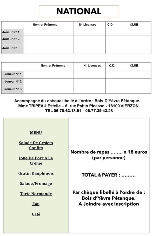 Fiche d'inscription + repas