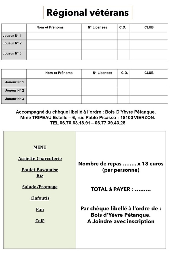 Fiche inscription Vétéran + repas