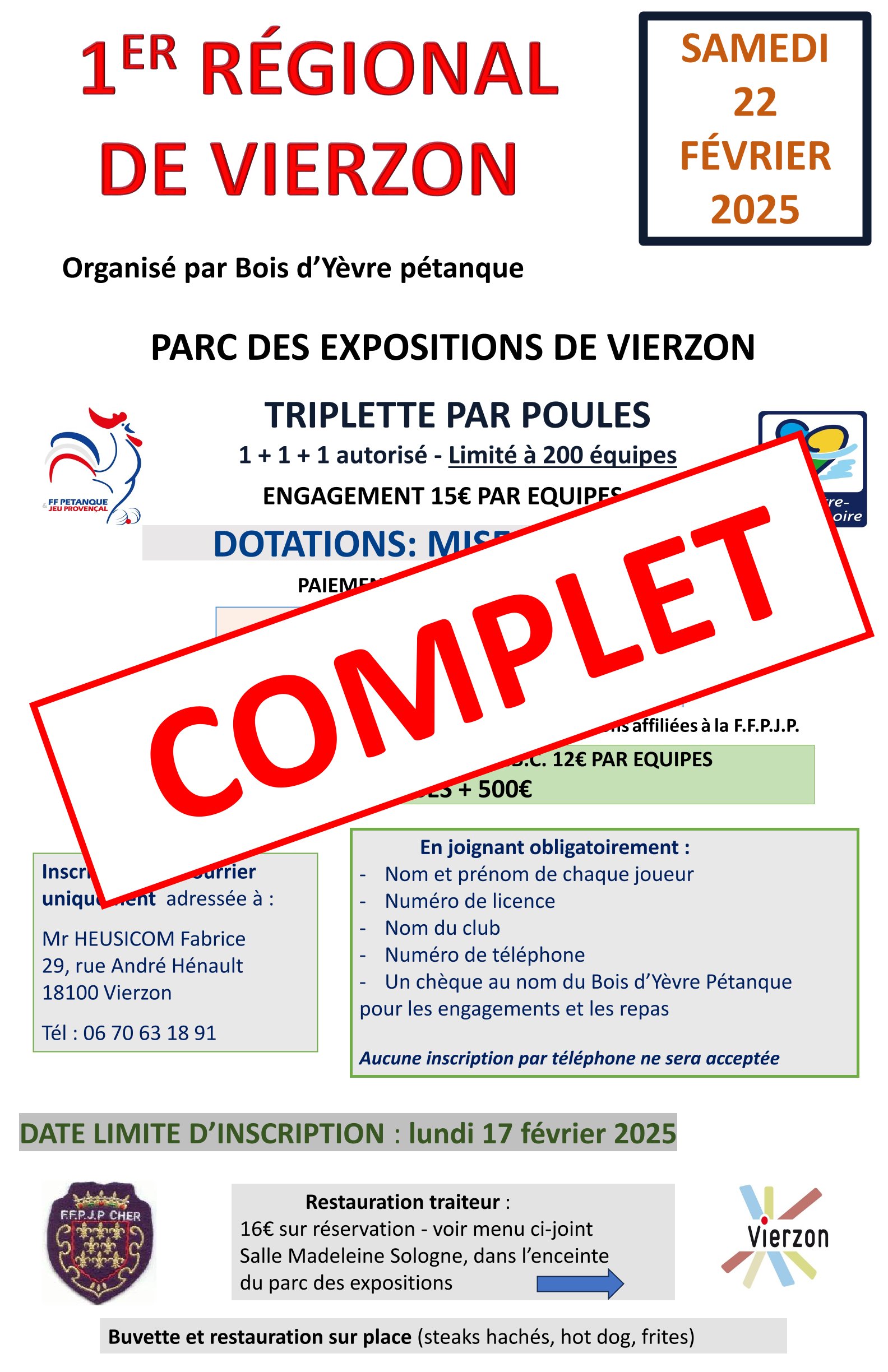 1er Régional de Vierzon liste des inscrits et tirage ainsi que le Vétérans 1er Régional de Vierzon liste des inscrits et tirage ainsi que le Vétérans