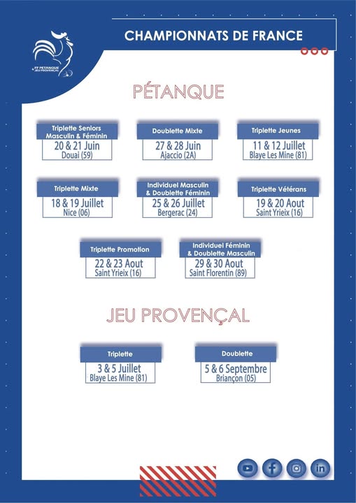 Dates et lieux des championnats de France 2026