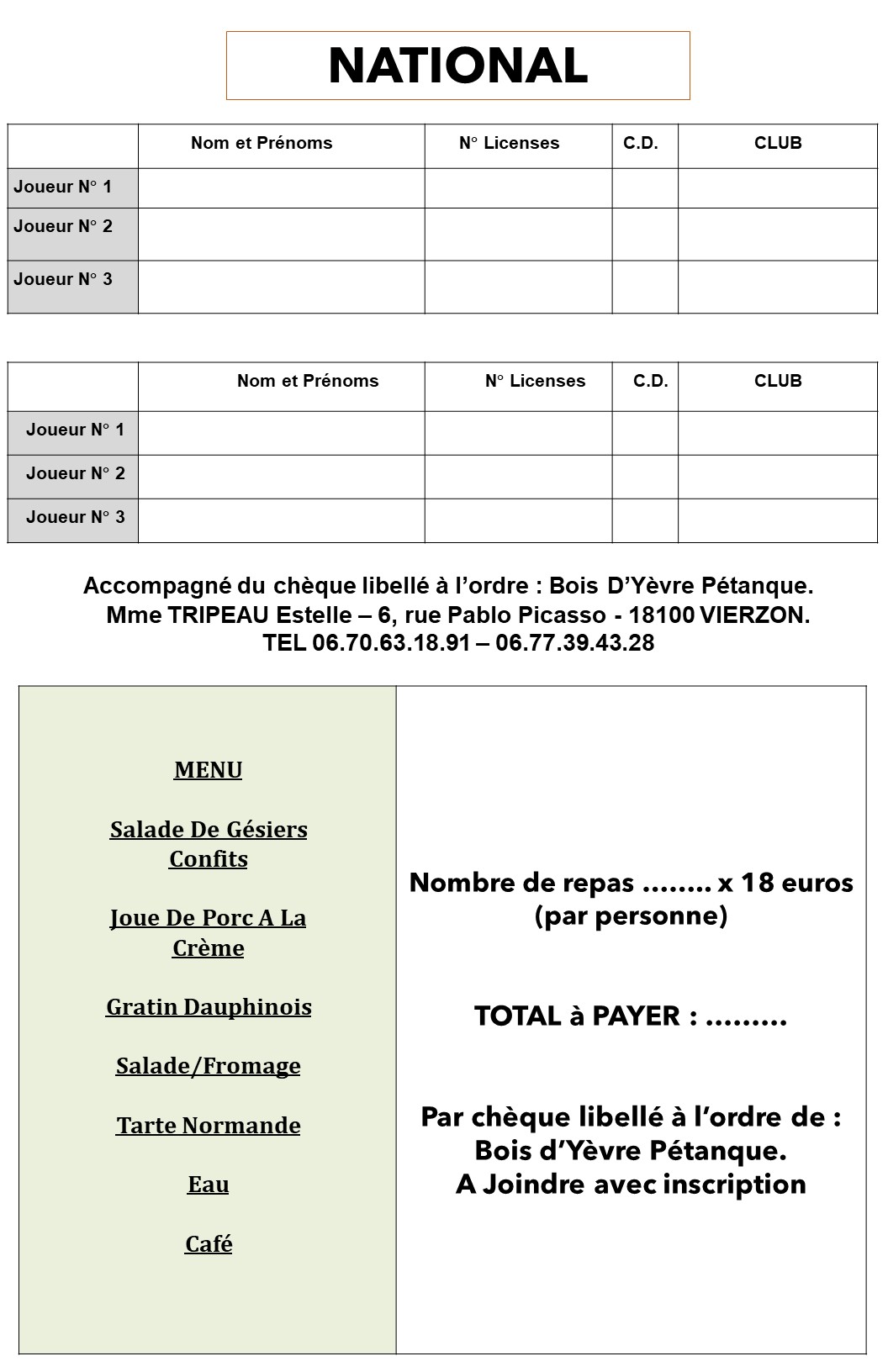 Fiche d'inscription + repas
