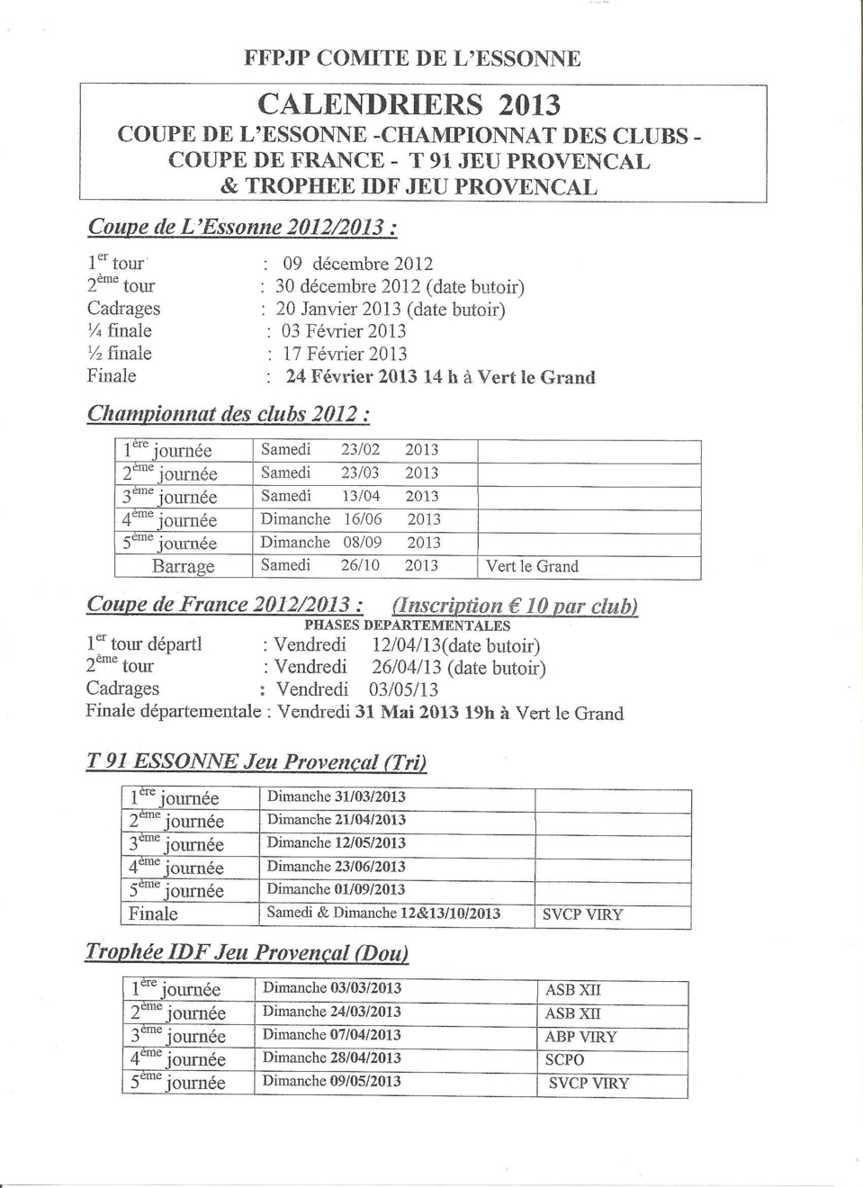 calendrier 2013 du jeu provencal