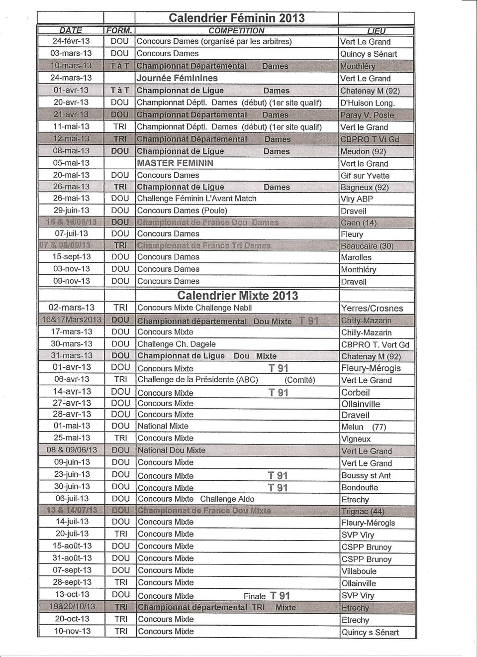 calendriers 2013 féminin et mixte