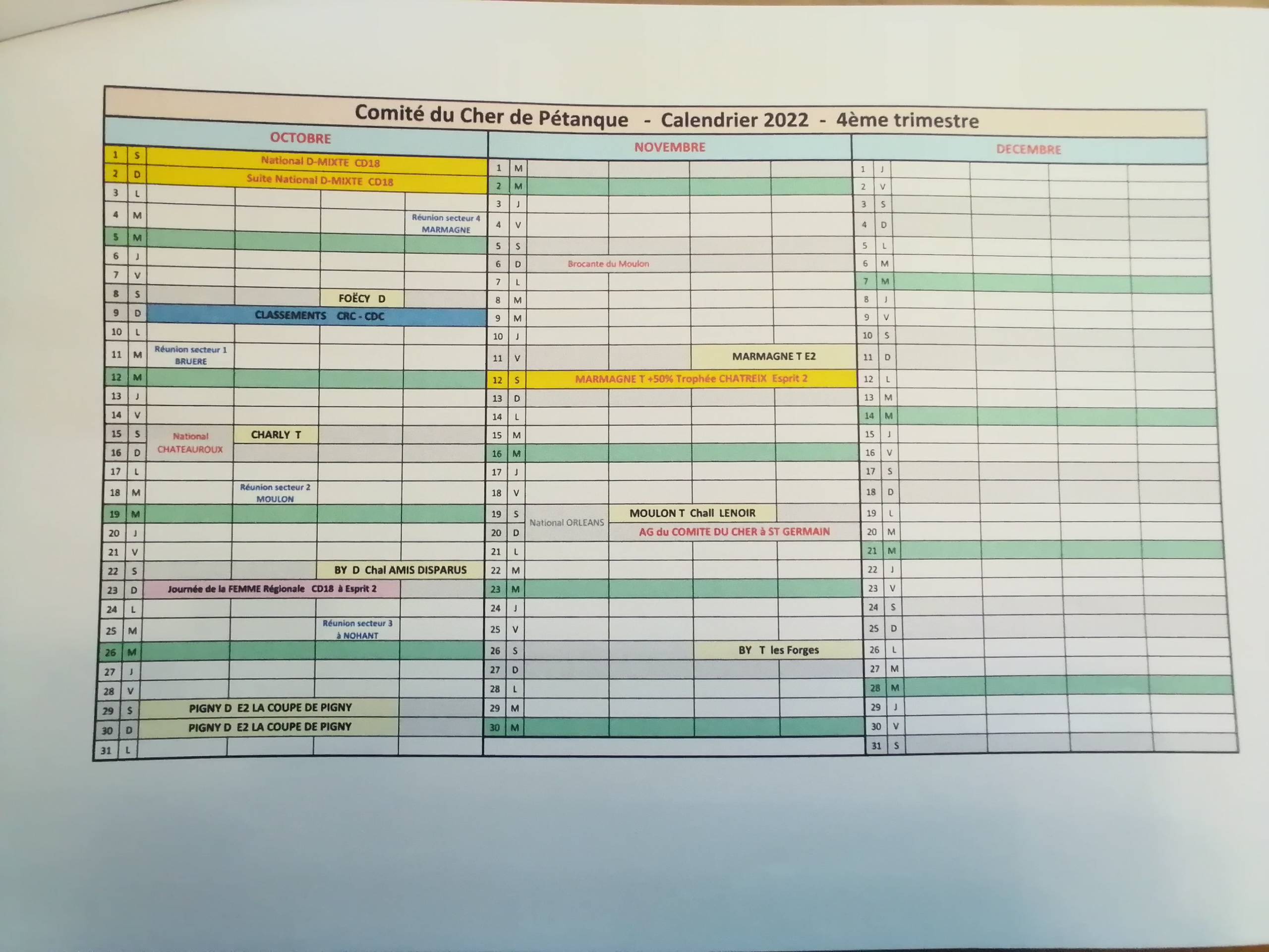 Calendrier 4ème trimestre Calendrier 4ème trimestre